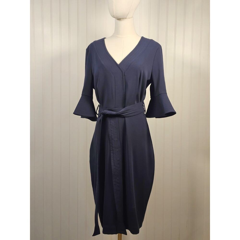 Badgley Mischka Navy Blue Belted‎ Dress Women's Size 6 Bell Sleeves $551 Retail